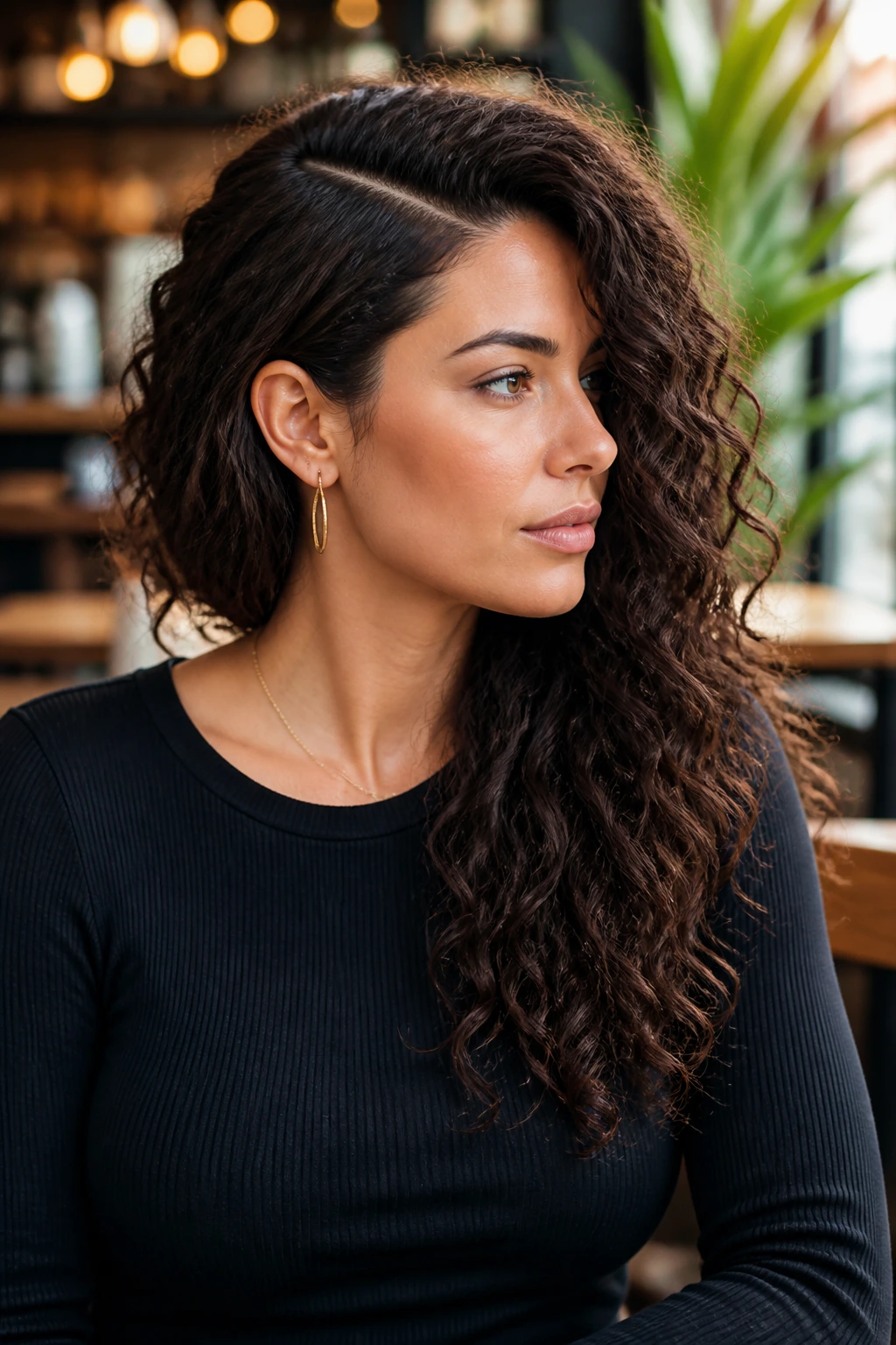 Close-up of a real woman with a deep side-part disconnect creating a prominent face frame.