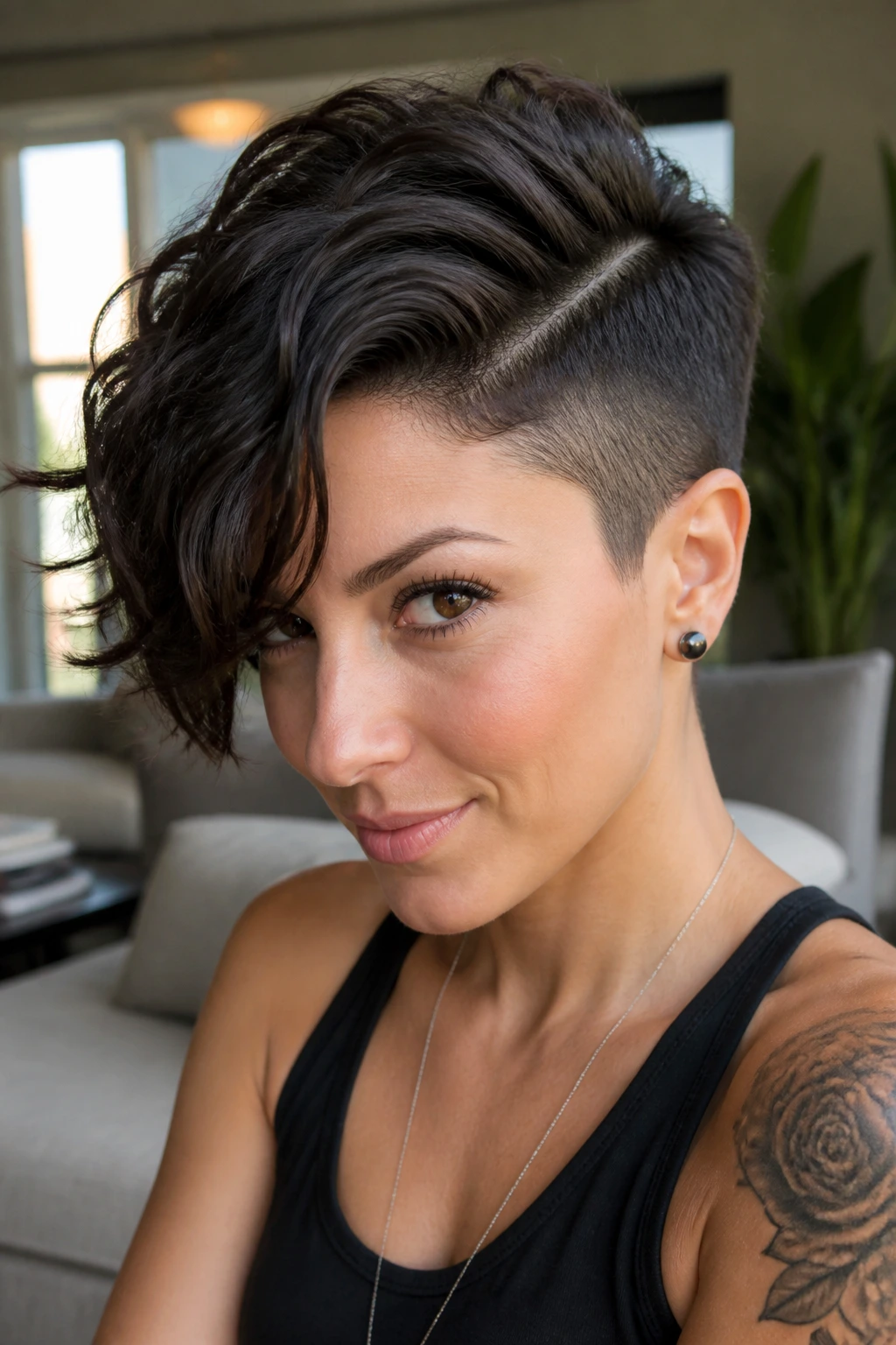 Portrait of woman with deep side-part disconnected pixie.