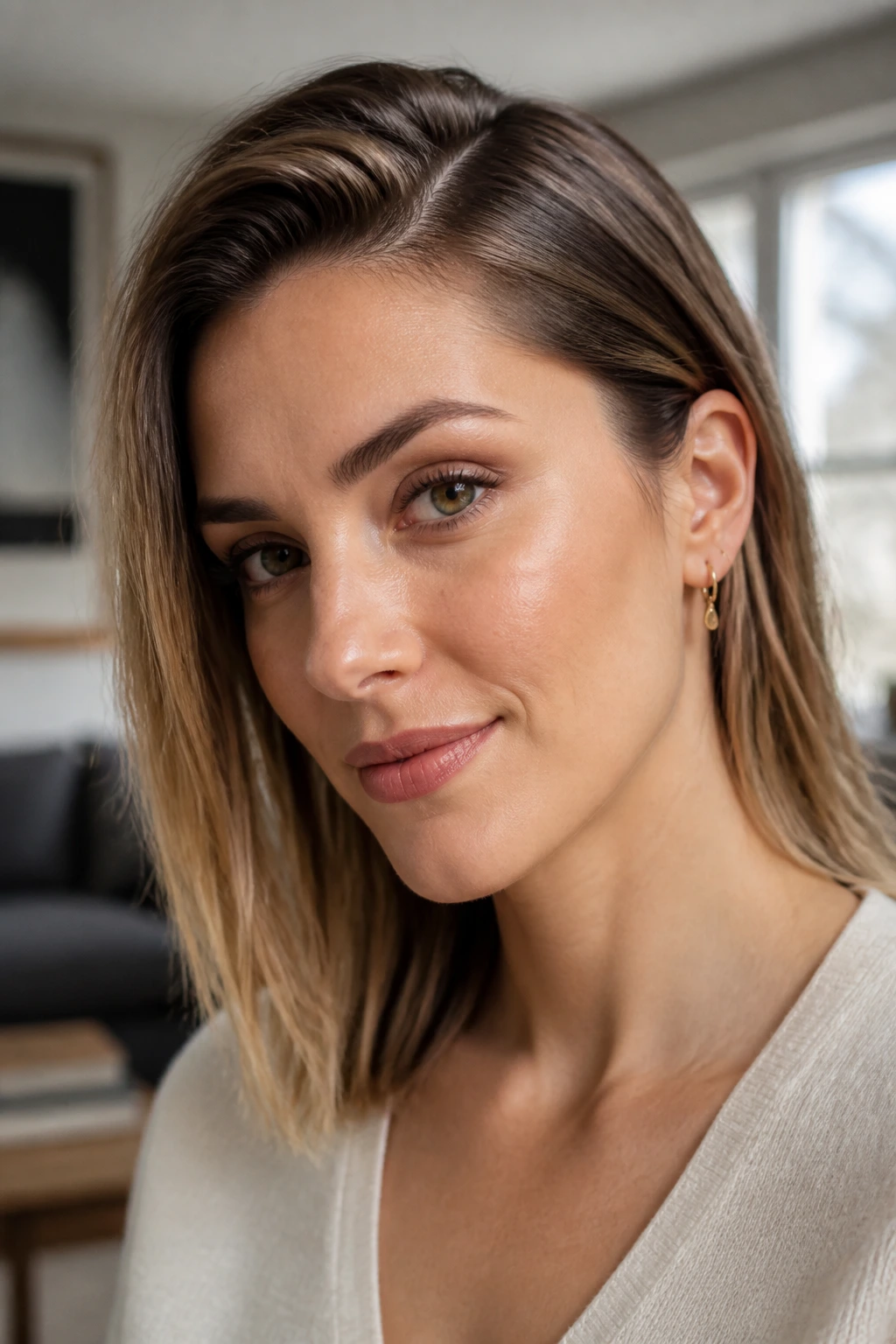 Close-up of a real woman with a deep side part and ear tuck