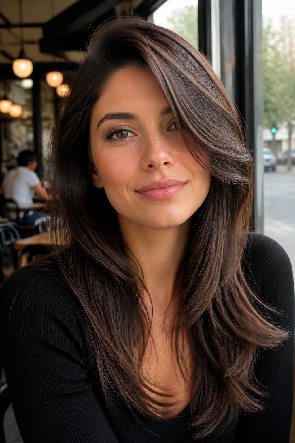Close-up of a real woman with a deep side part and face-framing layers in cafe light