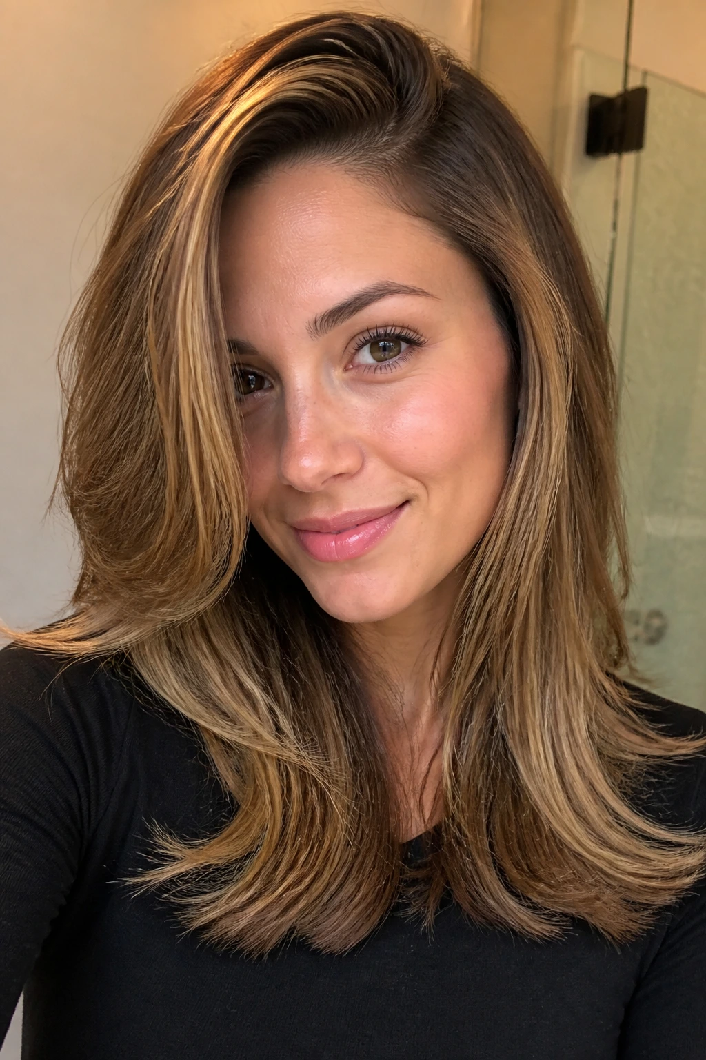 Close-up of deep side part with feathered blowout and caramel highlights