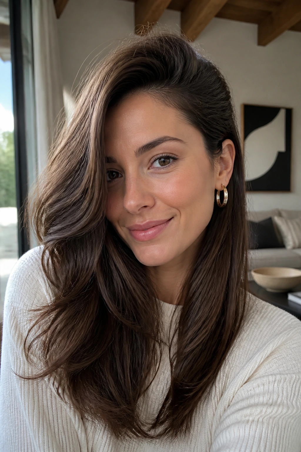 Real person with deep side-part feathering lifting one side