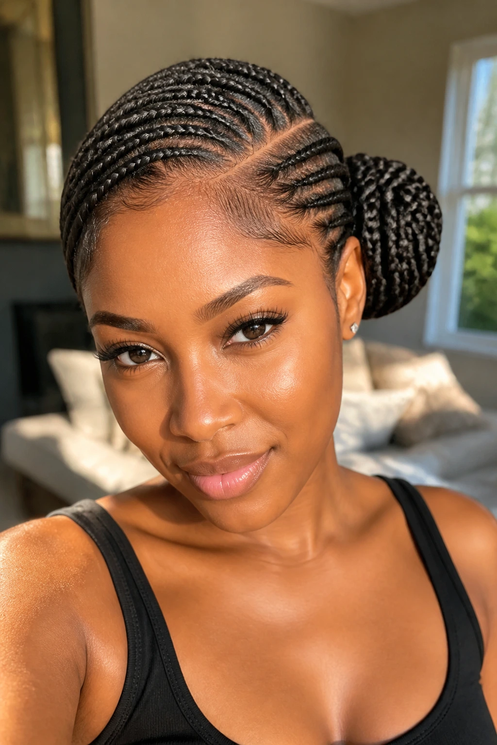 Close-up of a woman with deep side-part feed-in braided bun