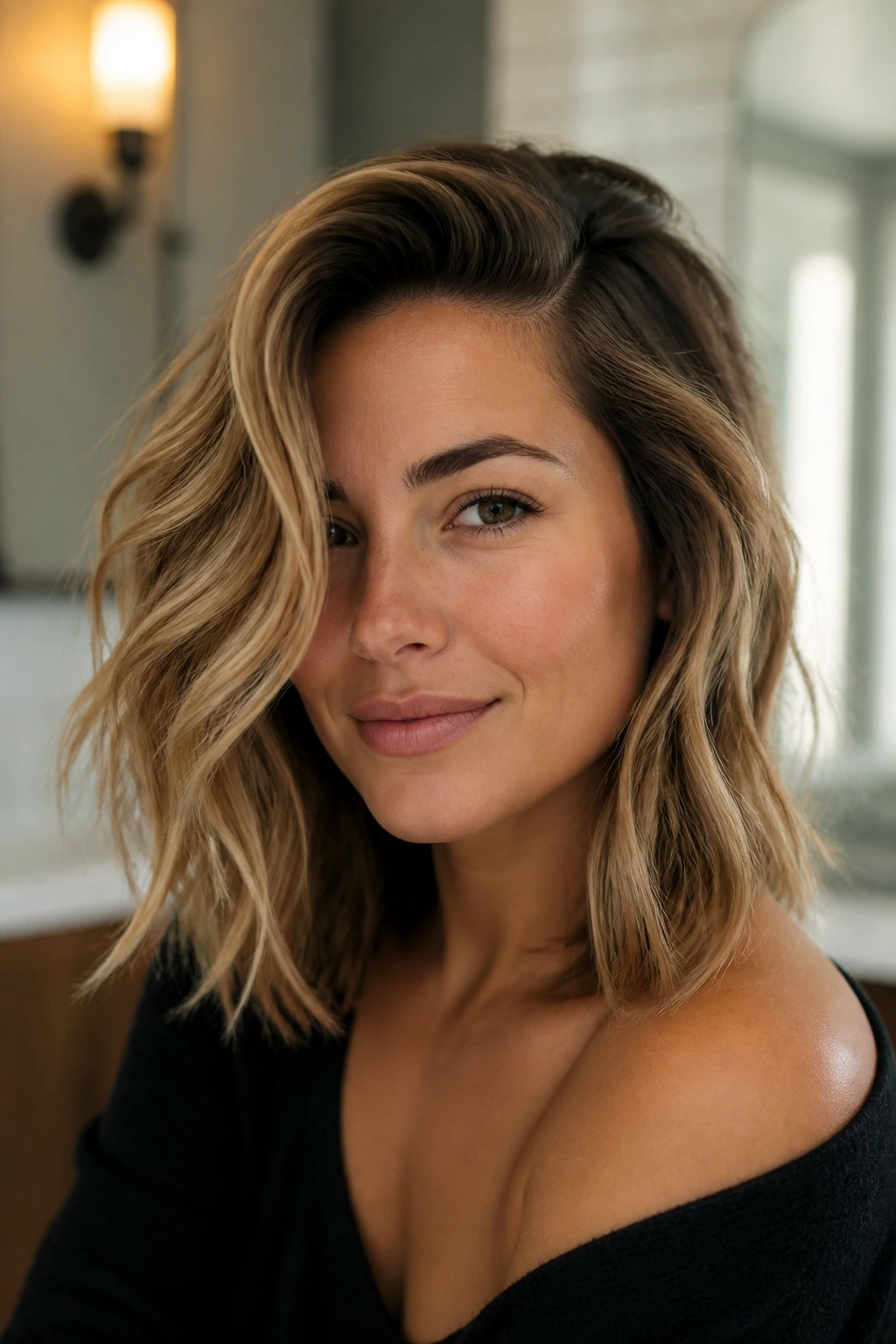 Real person with a deep side part and beachy waves