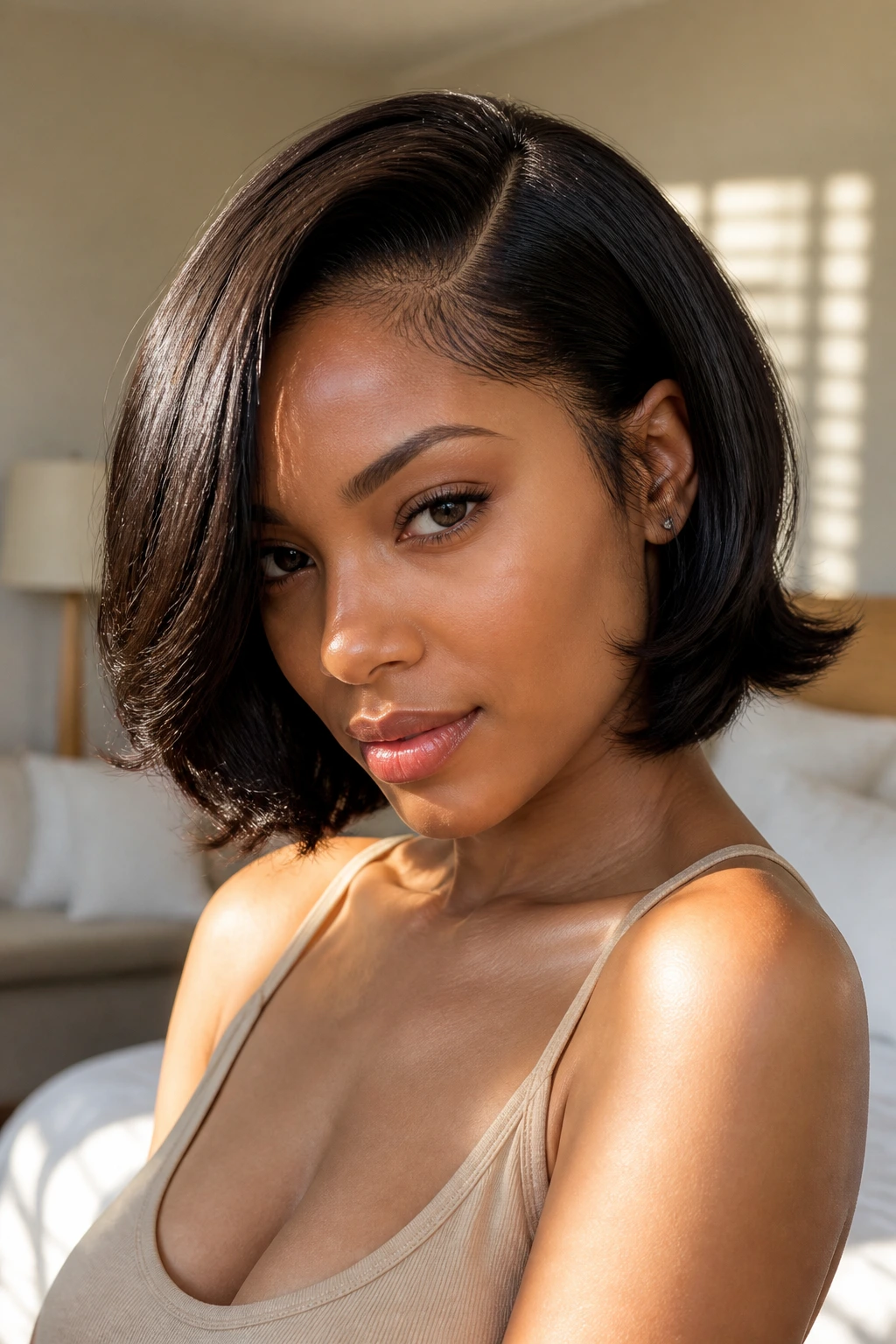 Close-up portrait of a real woman with a deep side-part bob showing flipped ends and crown lift.