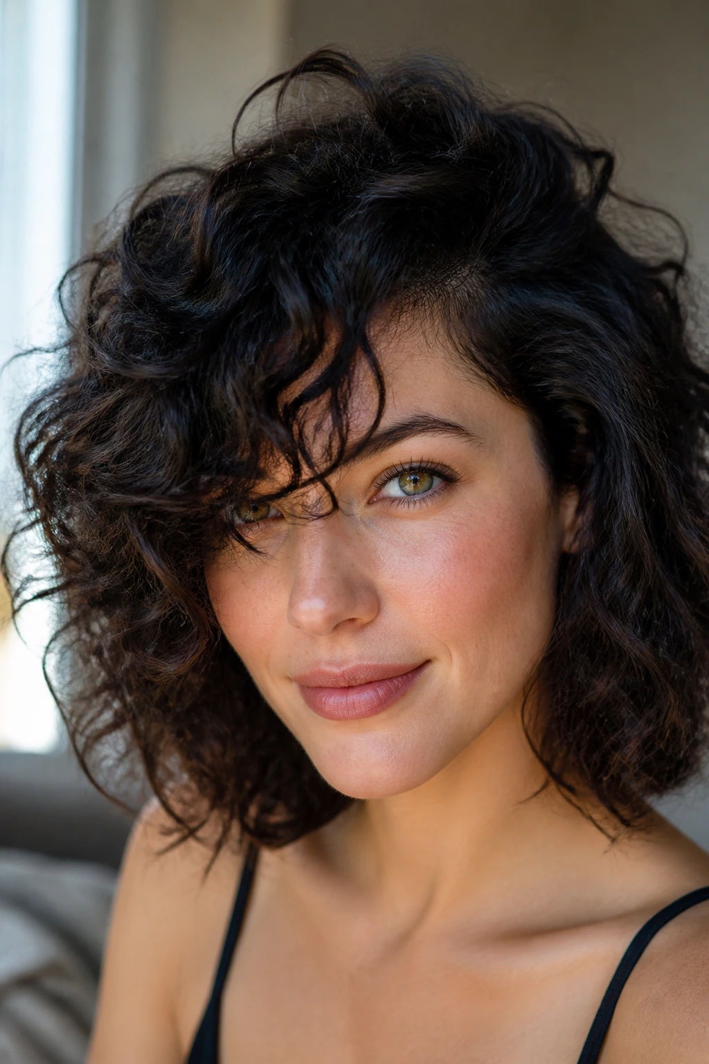 Portrait of a person with a deep side part and floating fringe on curly hair
