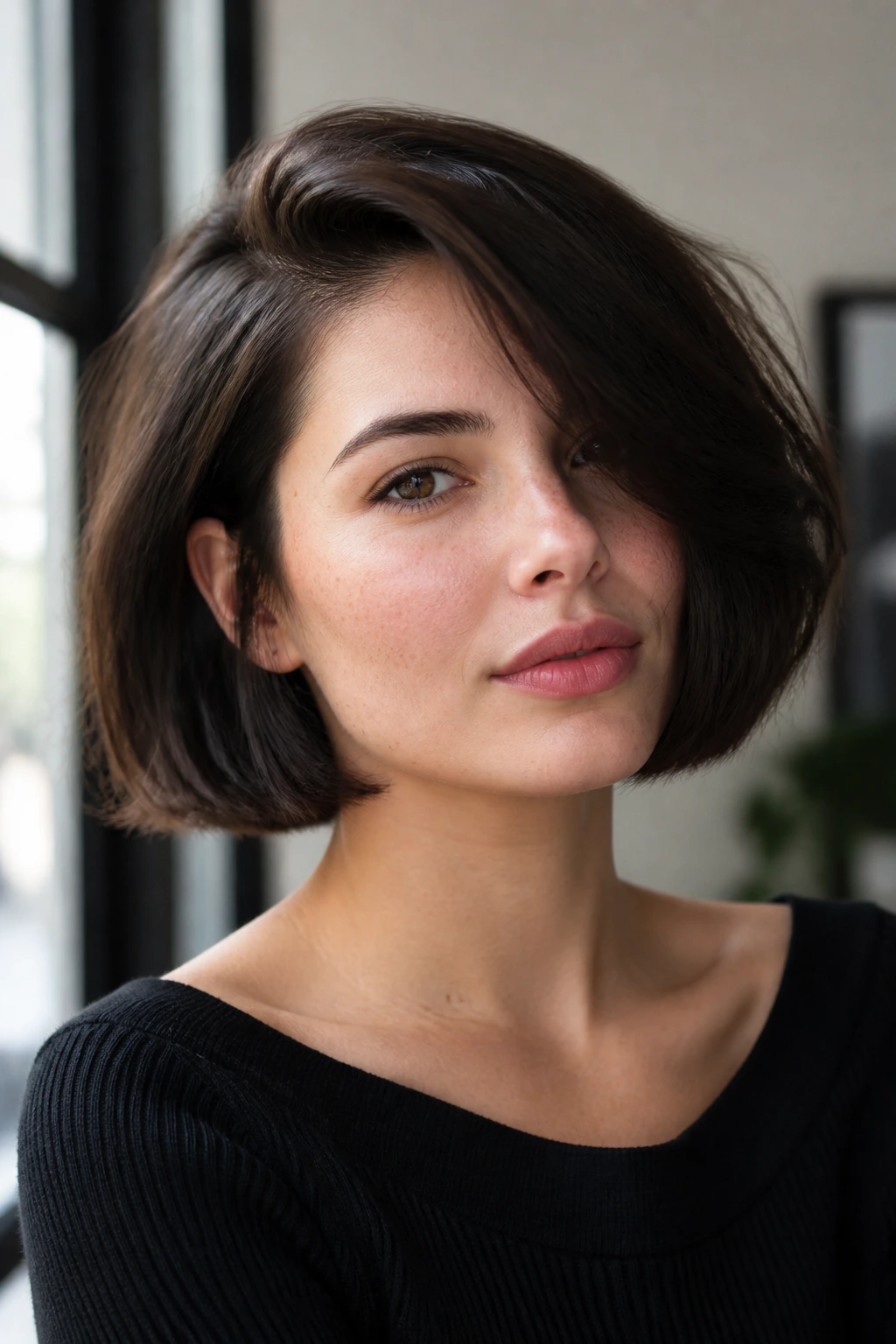 Person with deep side-part French bob in a portrait