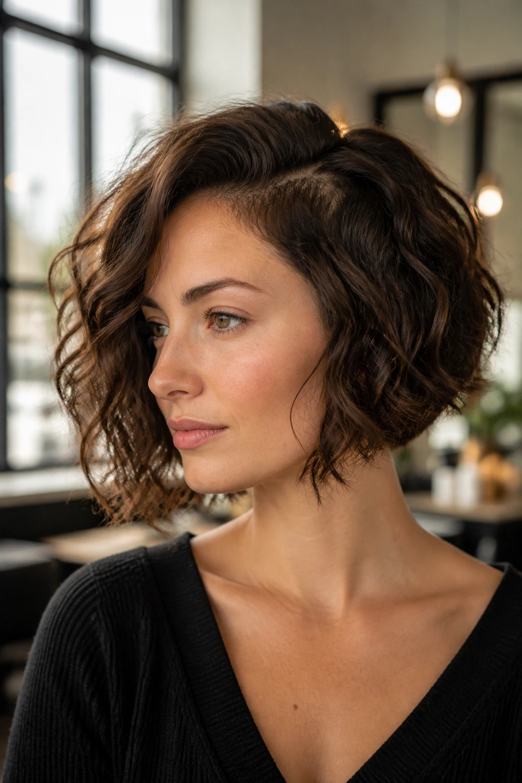 Portrait of a real person with a deep side-parted French bob showing diagonal fullness.