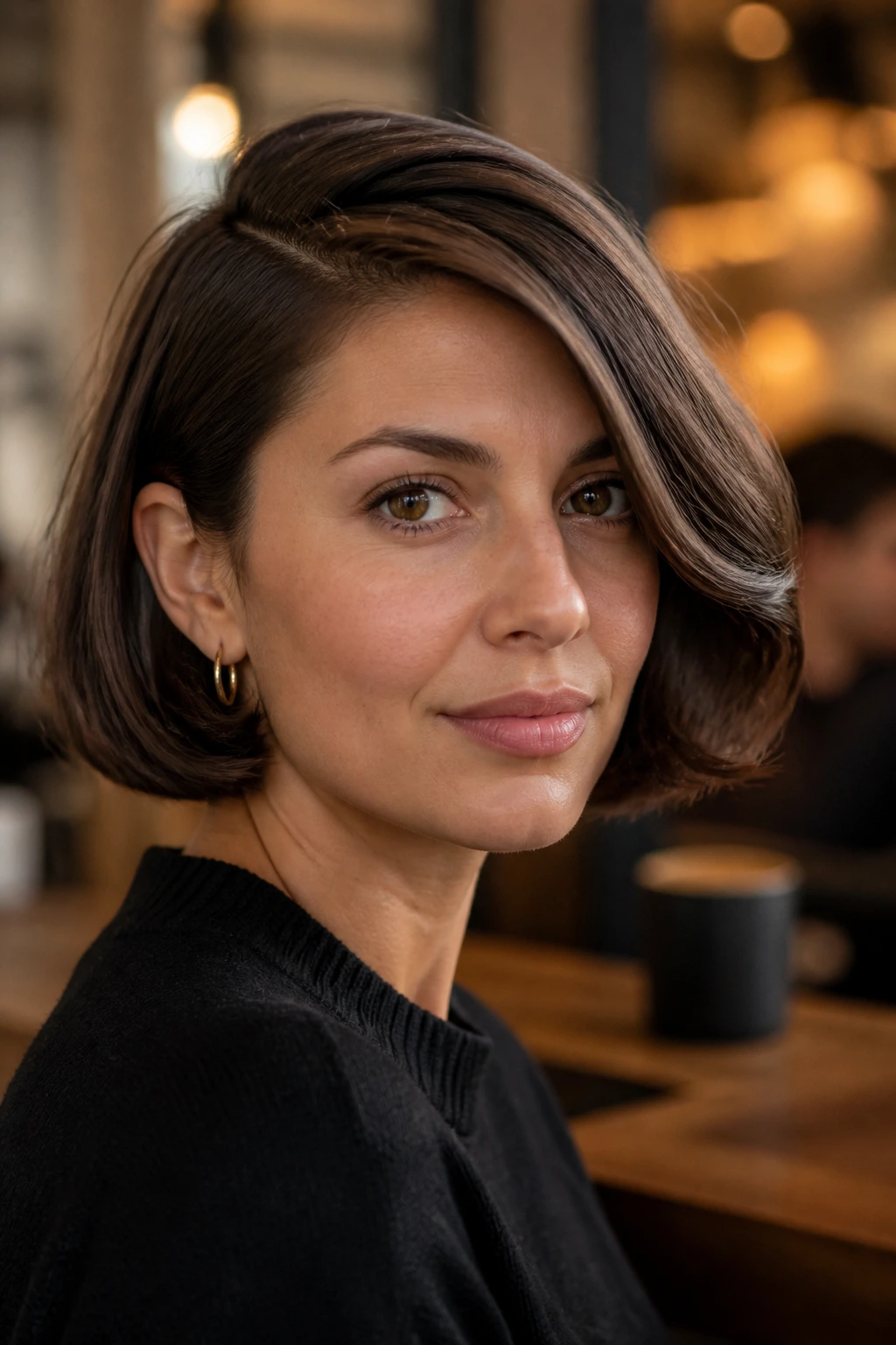 Portrait of a person with a deep side-parted French bob