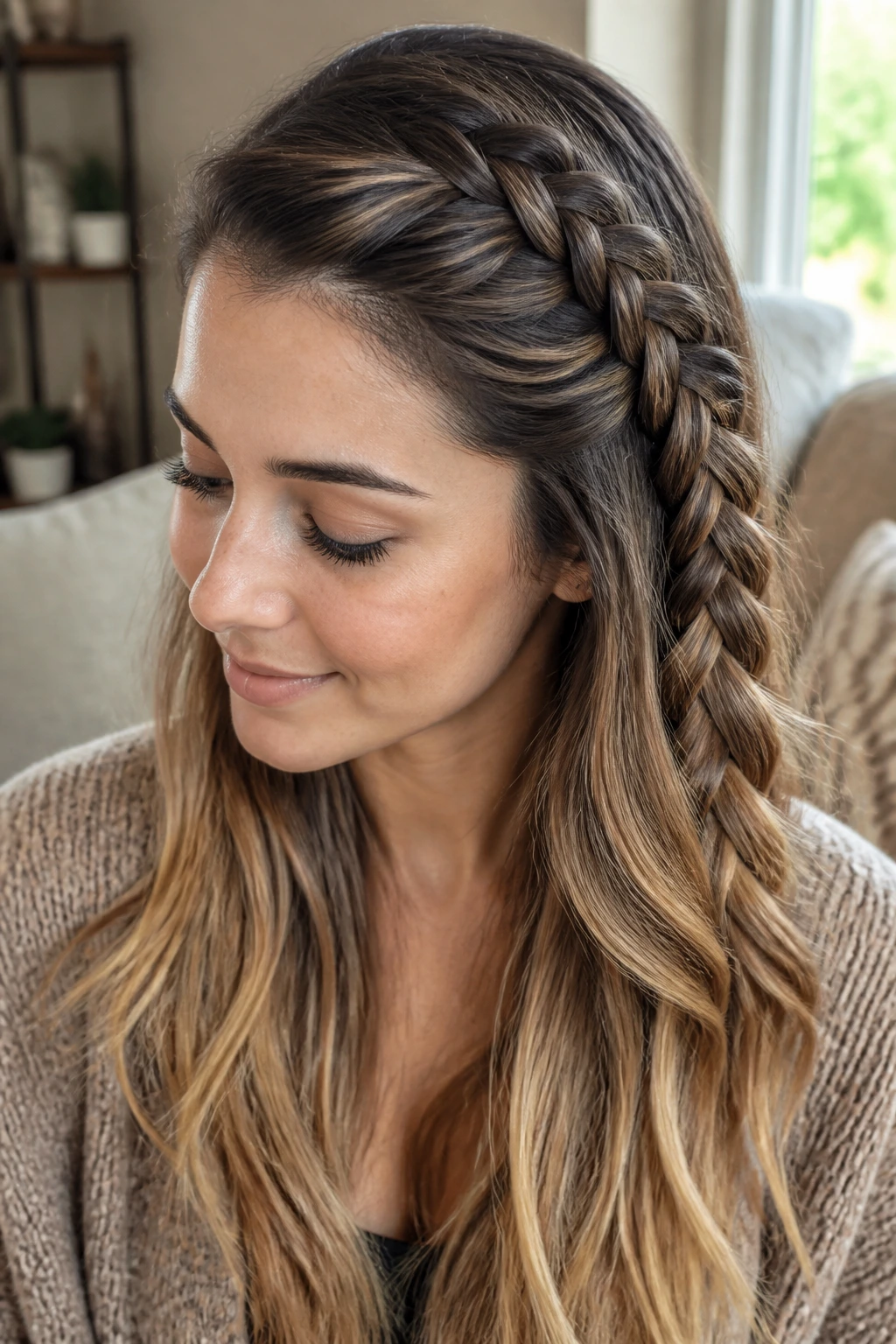 Close-up of a deep side-part French braid on long hair.