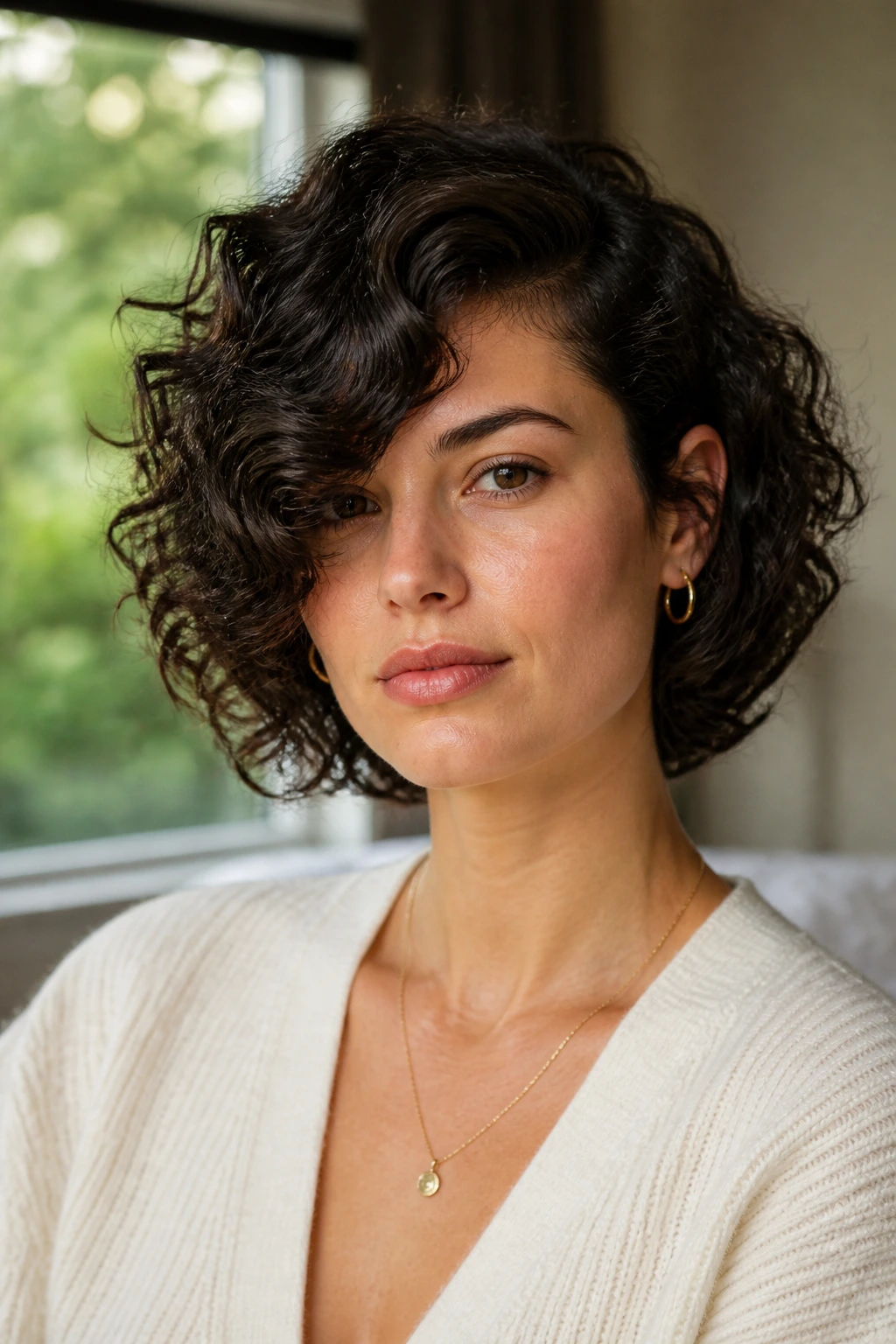 Portrait of a real woman with a deep side-part fringe in cozy indoor light