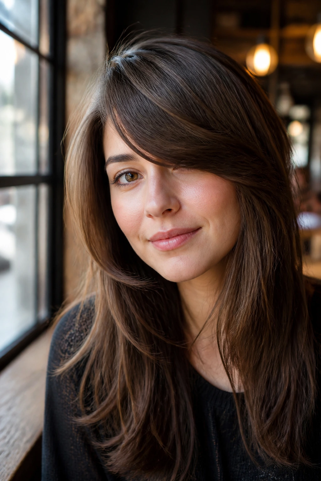 Close-up of a deep side-part fringe on a real person with warm cafe lighting