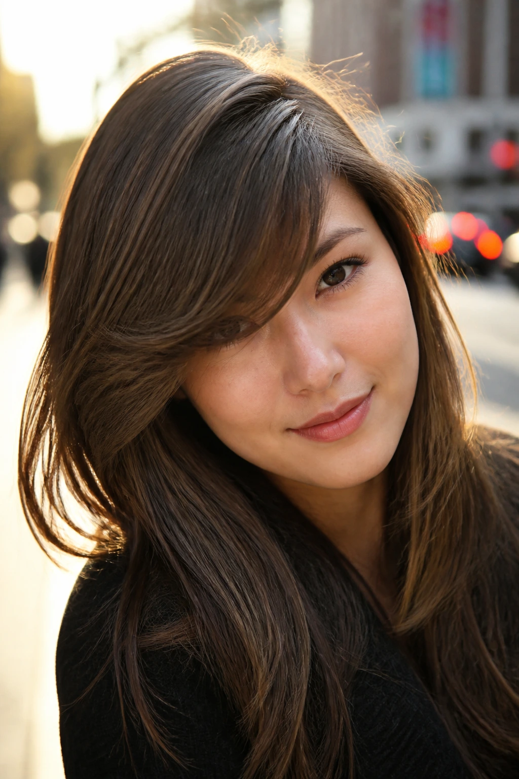 Close-up of a real woman with a deep side part and sweeping fringe