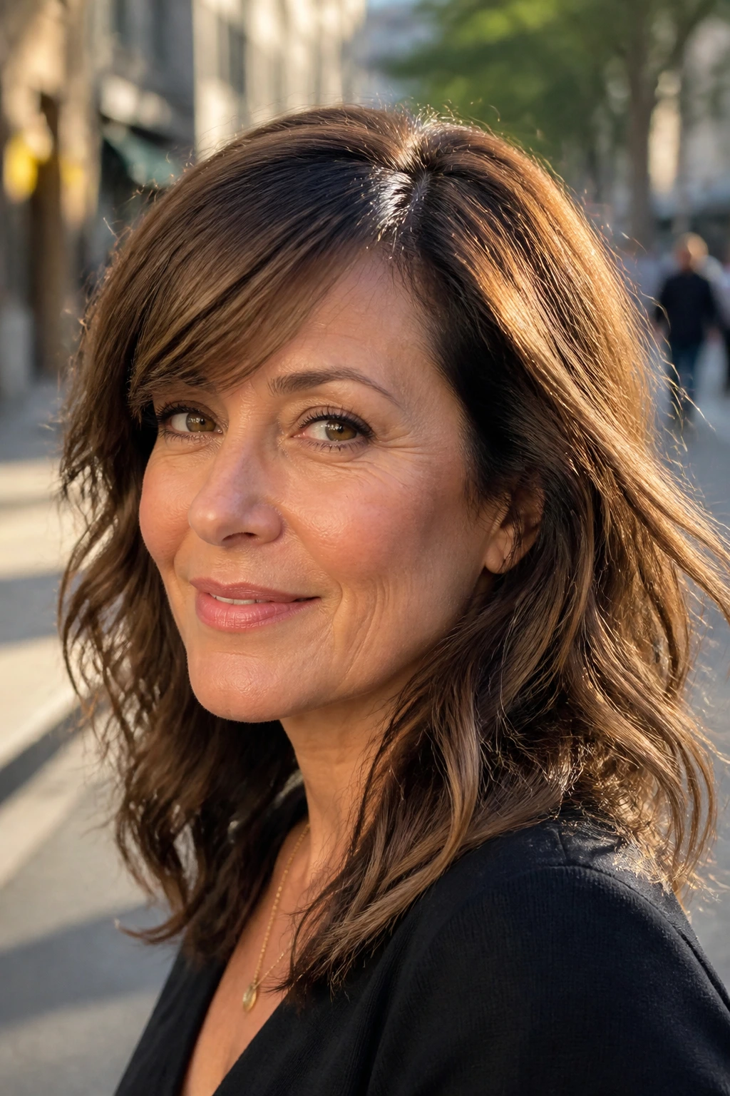 Close-up of a real woman with a deep side part fringe sweeping to the temple in golden hour light