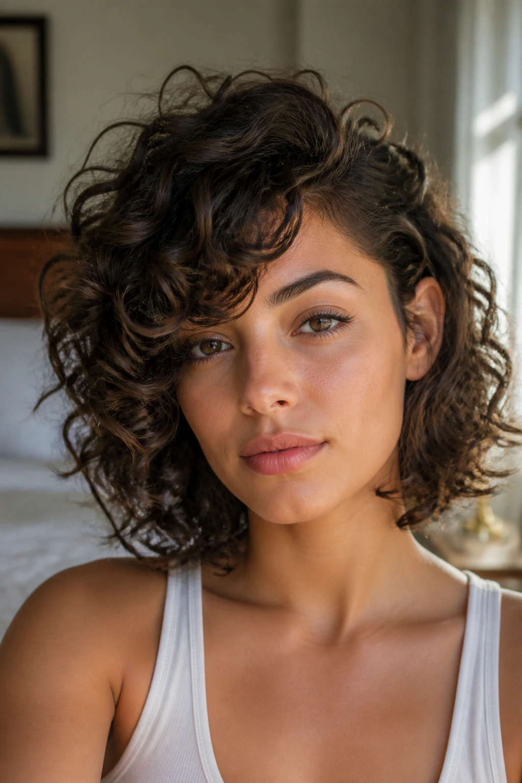 Close-up portrait of a real woman with a deep side-part fringe on curly hair