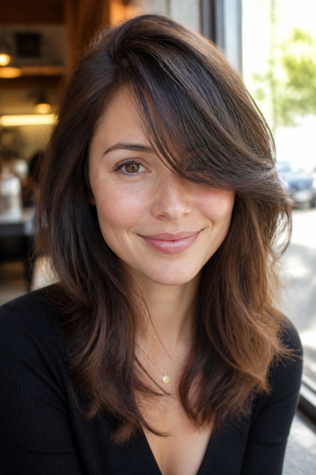 Real woman with a deep side-part fringe portrait