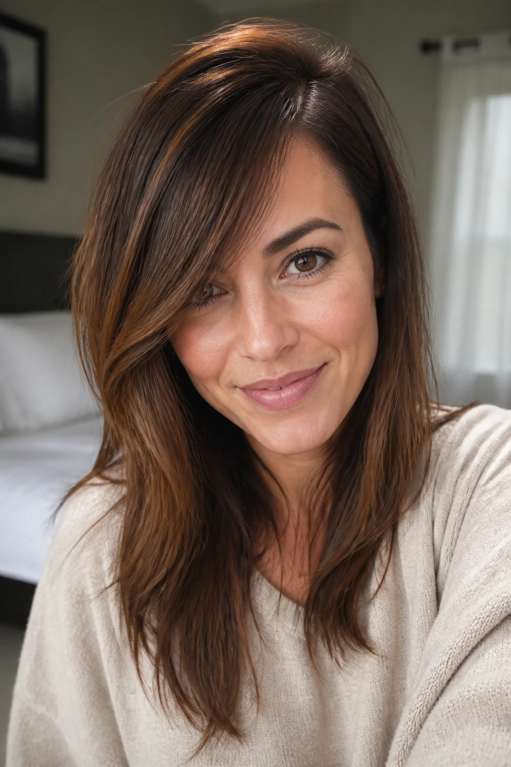 Close-up portrait of a woman with a deep side-part fringe in warm bedroom light