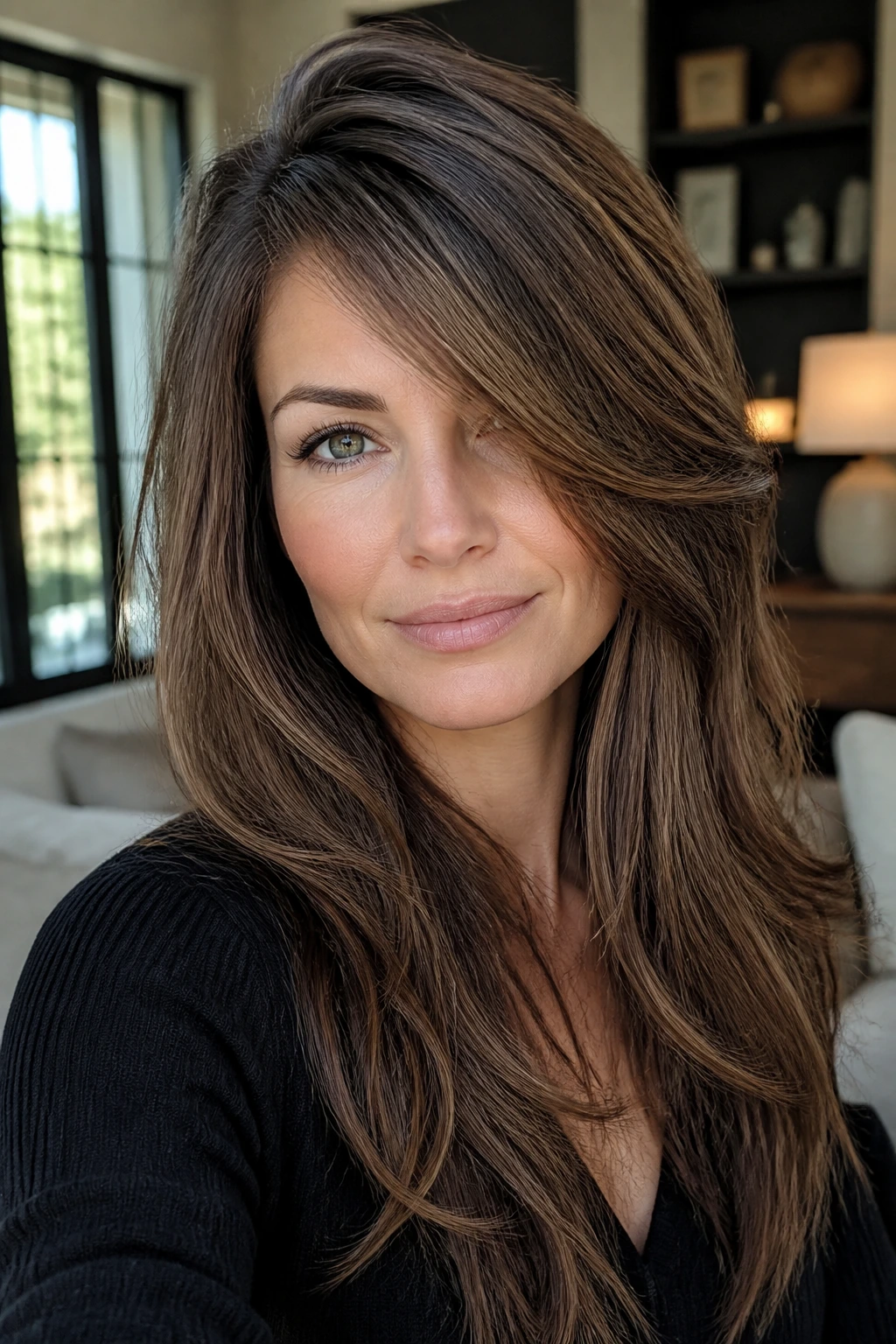 Close-up portrait of a real woman with a deep side part and long fringe.