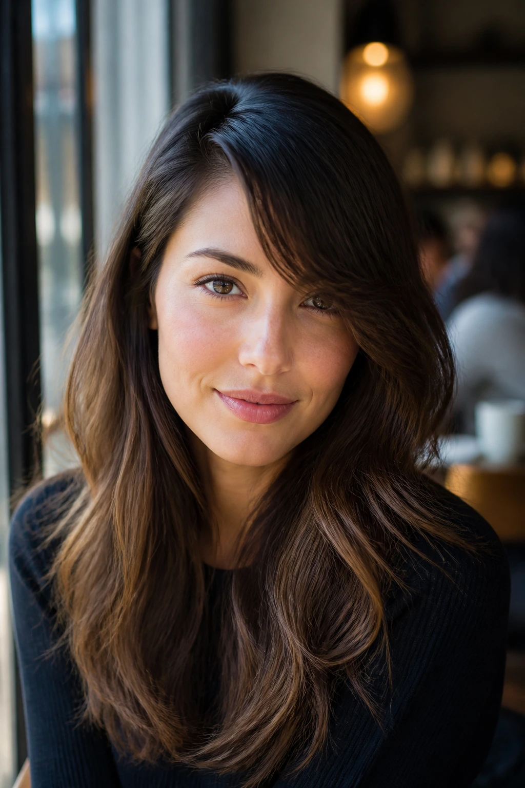Close-up portrait of a woman with a deep side-part fringe and diagonal sweep.
