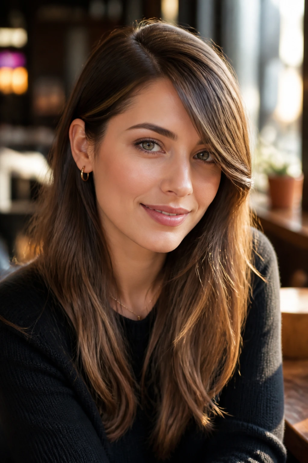 Close-up of a real woman with a deep side-part fringe