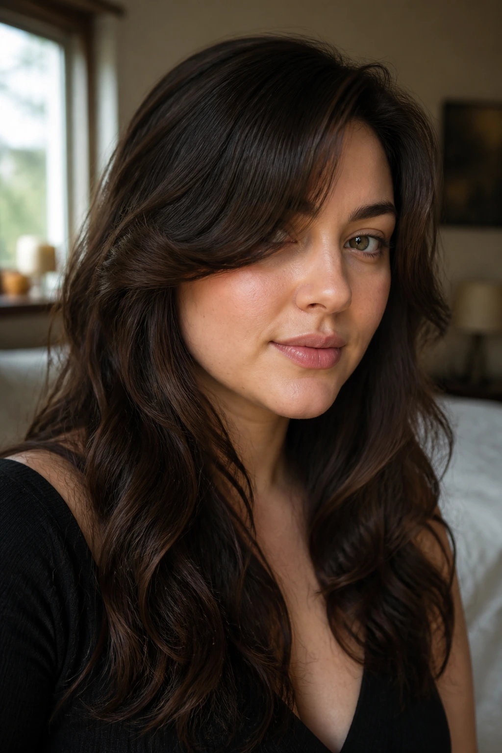 Close-up of a real woman with a deep side-part fringe and soft flip sweeping across the forehead.
