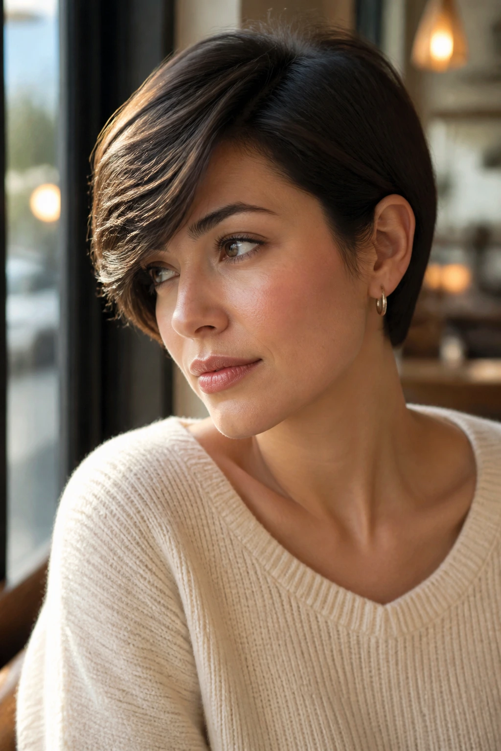 Close-up portrait of a real woman with a deep side-part fringe tucked behind the ear.