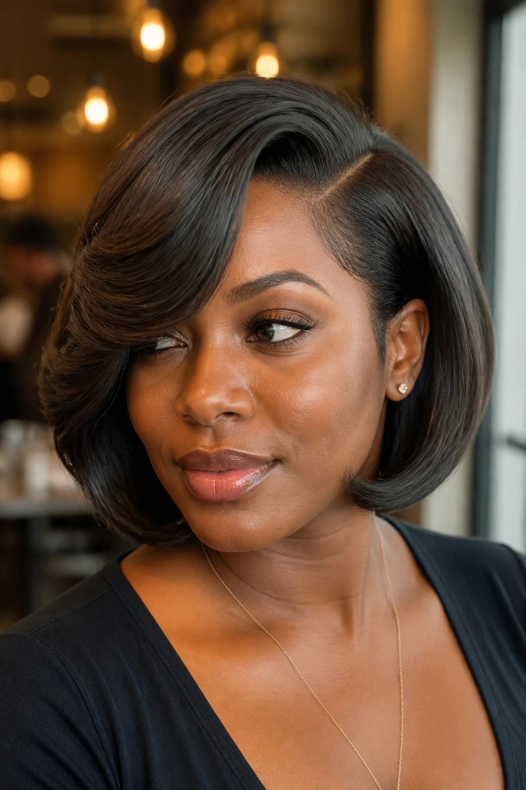 Close-up of real woman with deep side-part glam bob in warm light
