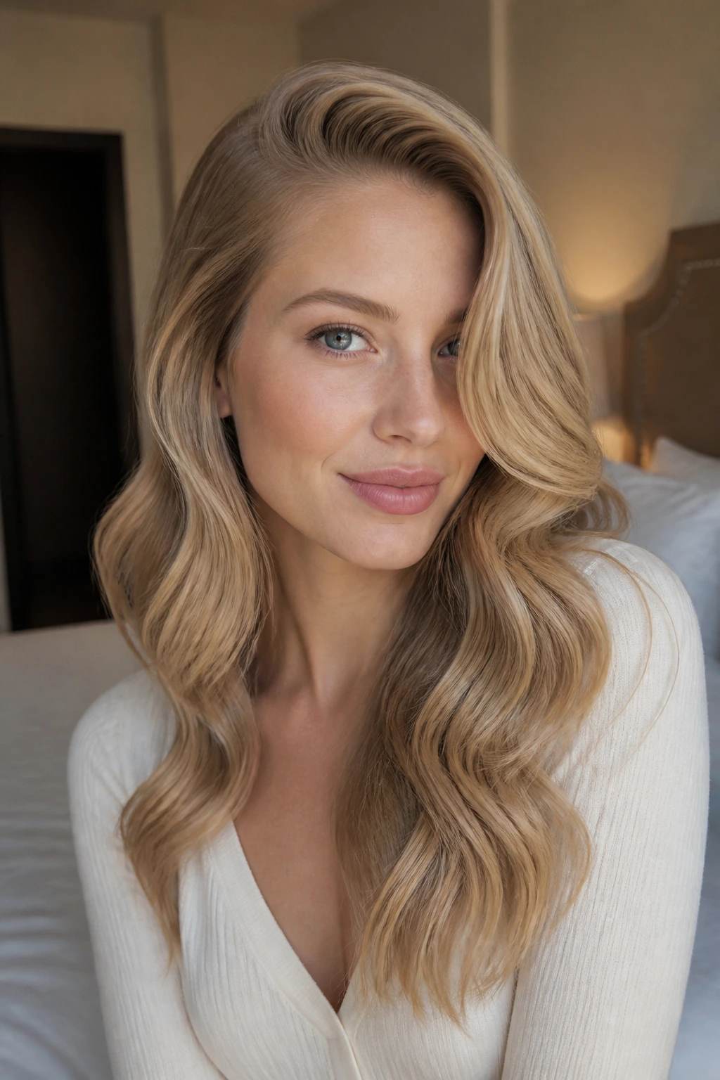 Close-up of a real woman with a deep side-part glam waves hairstyle under warm natural window light.