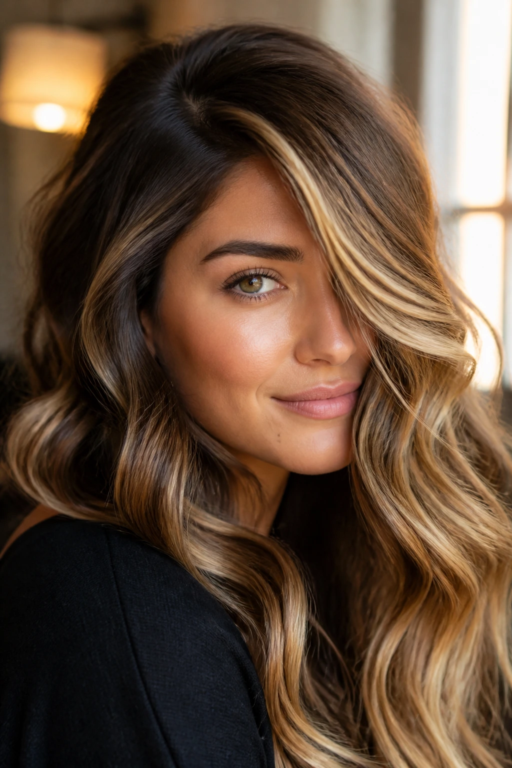 Close-up of a real woman with a deep side part and glamorous waves on brunette hair with blonde lowlights