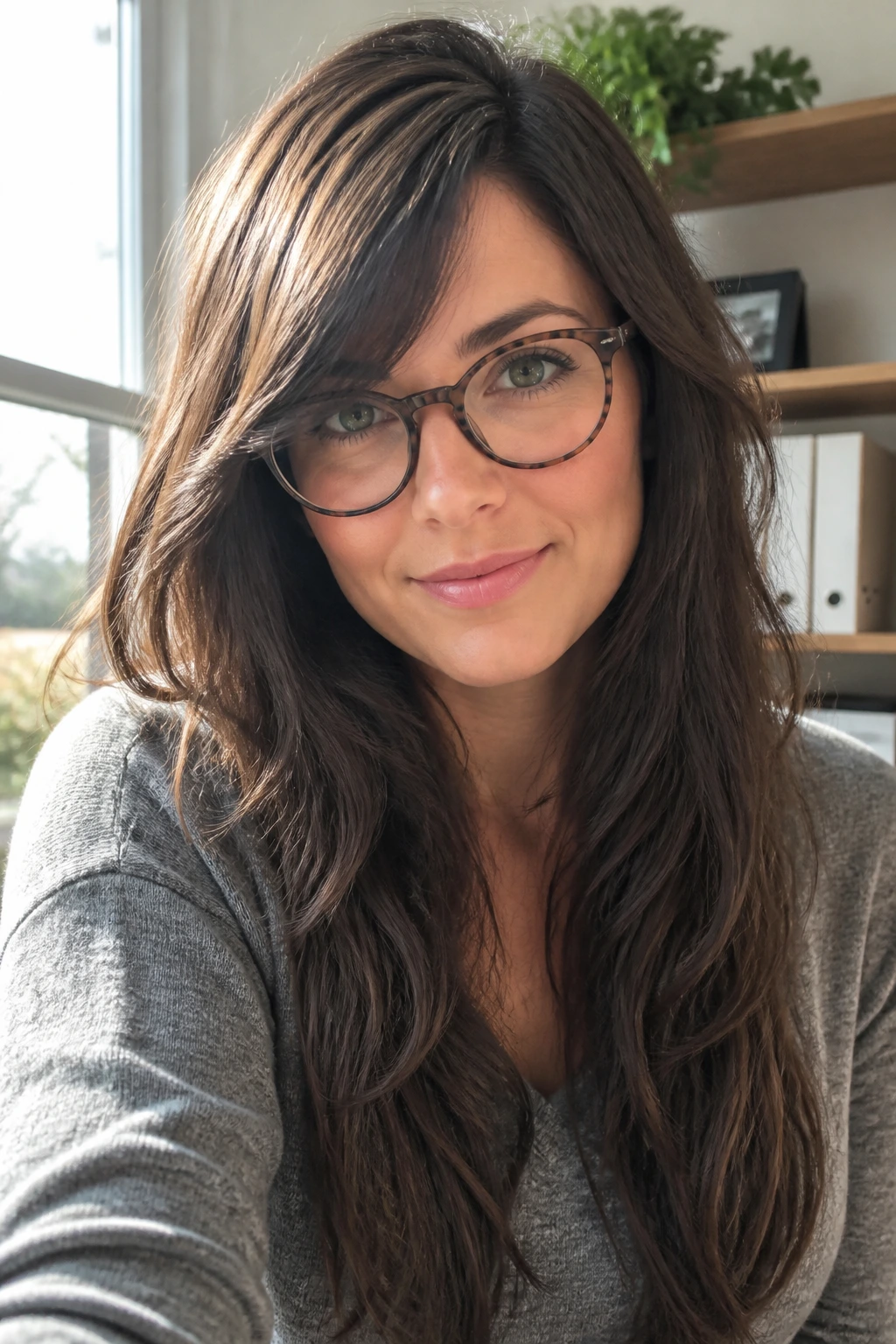 Close-up portrait: real woman with deep side-part and bangs clearing glasses