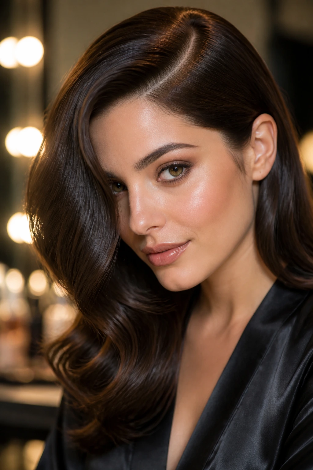 Portrait of a woman with a deep side part and glossy waves