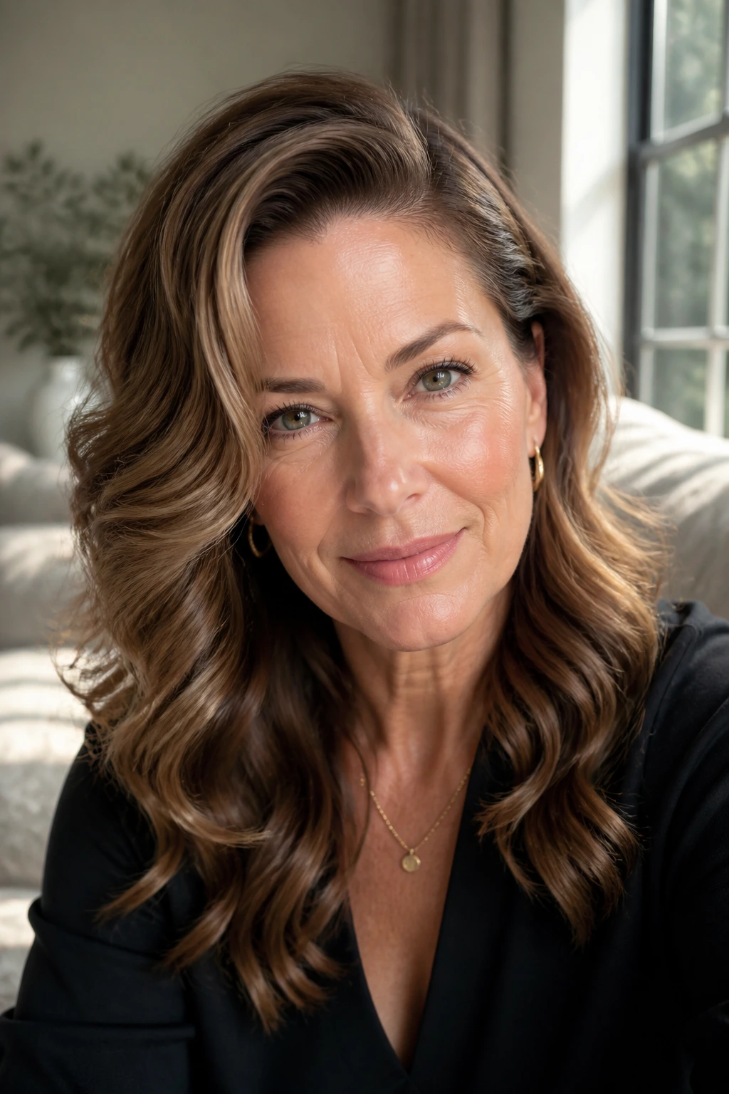 Portrait of a 50s woman with a deep side part and glossy waves