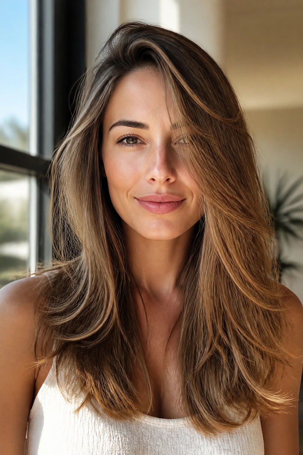 Close-up of a real woman with a deep side part and long layers in a sunlit room