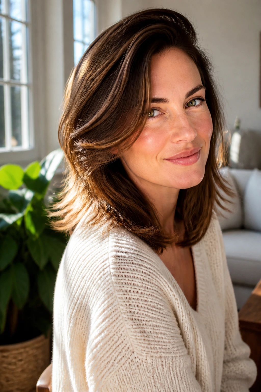 Portrait of a real woman with a deep side part and bend in the hair