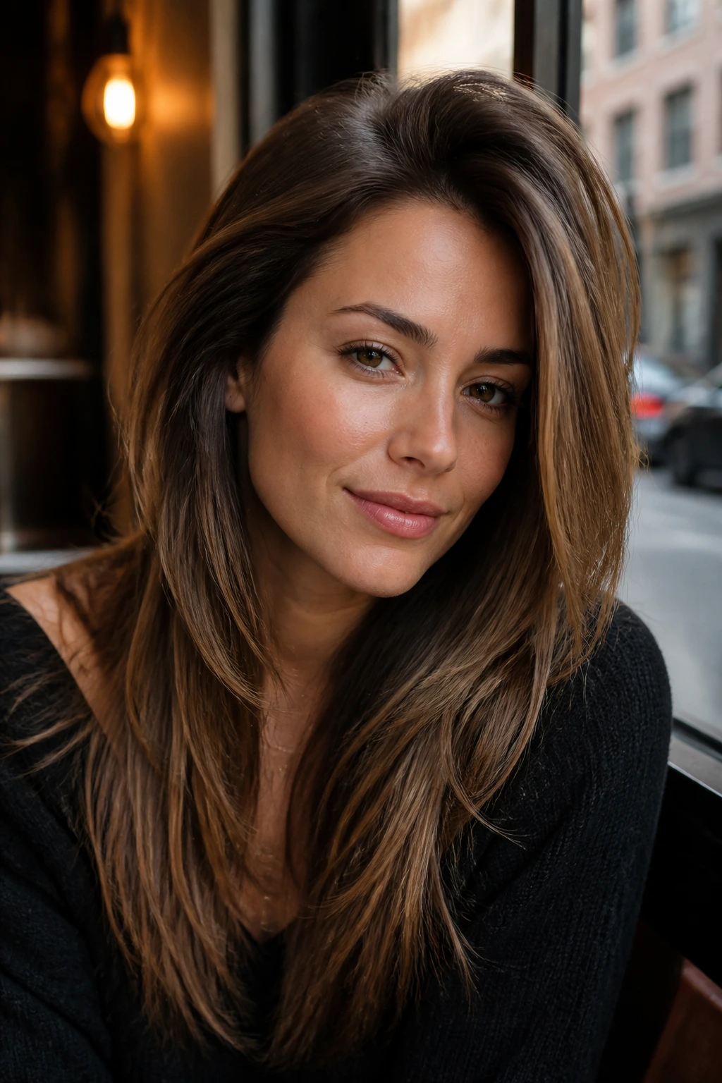 Close-up portrait of a woman with a deep side part and cheekbone-framing layers