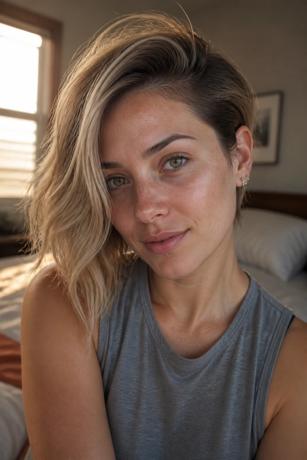 Close-up of a real woman with a deep side-part sweep hairstyle filling the frame