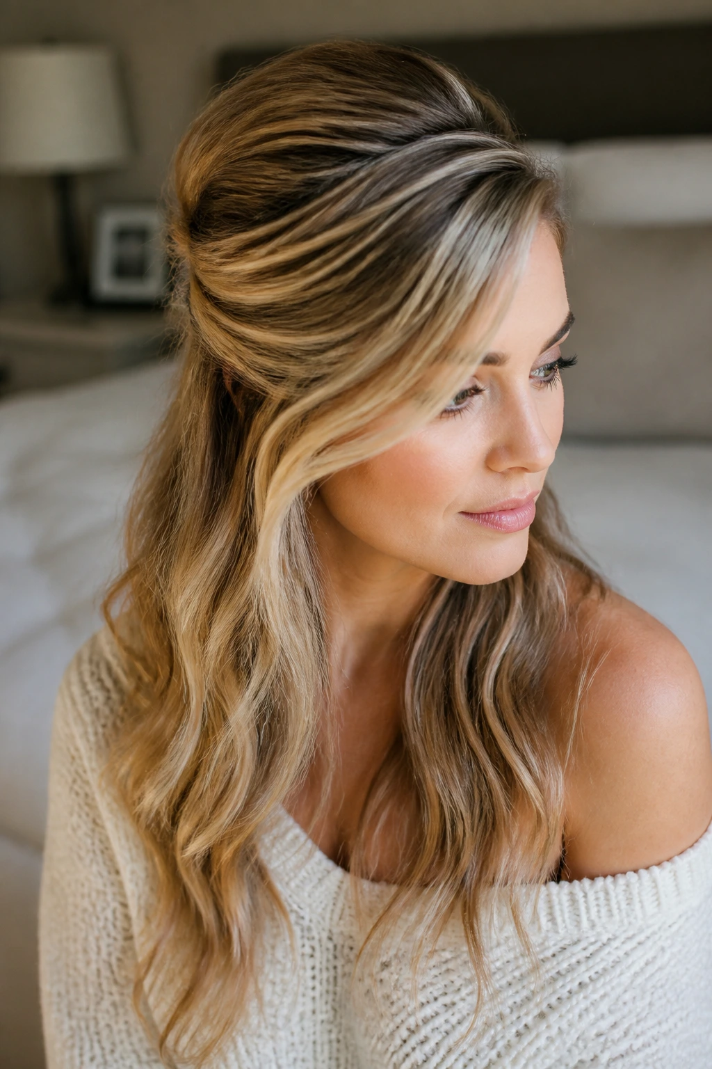 Close-up portrait of a real woman with a deep side-part half-up hairstyle in natural window light