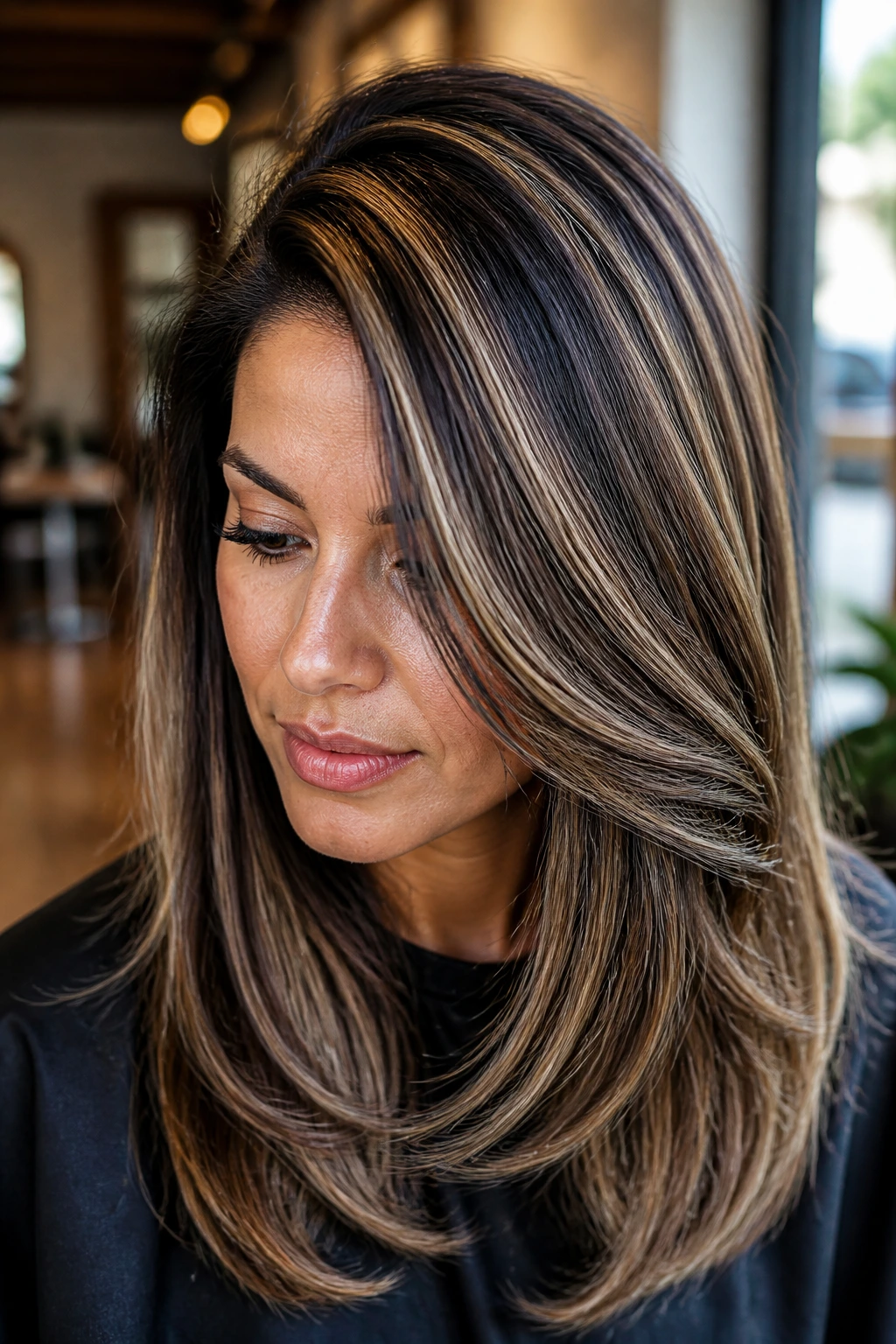 Close-up of a real woman with a deep side part and brighter highlights along the heavier side