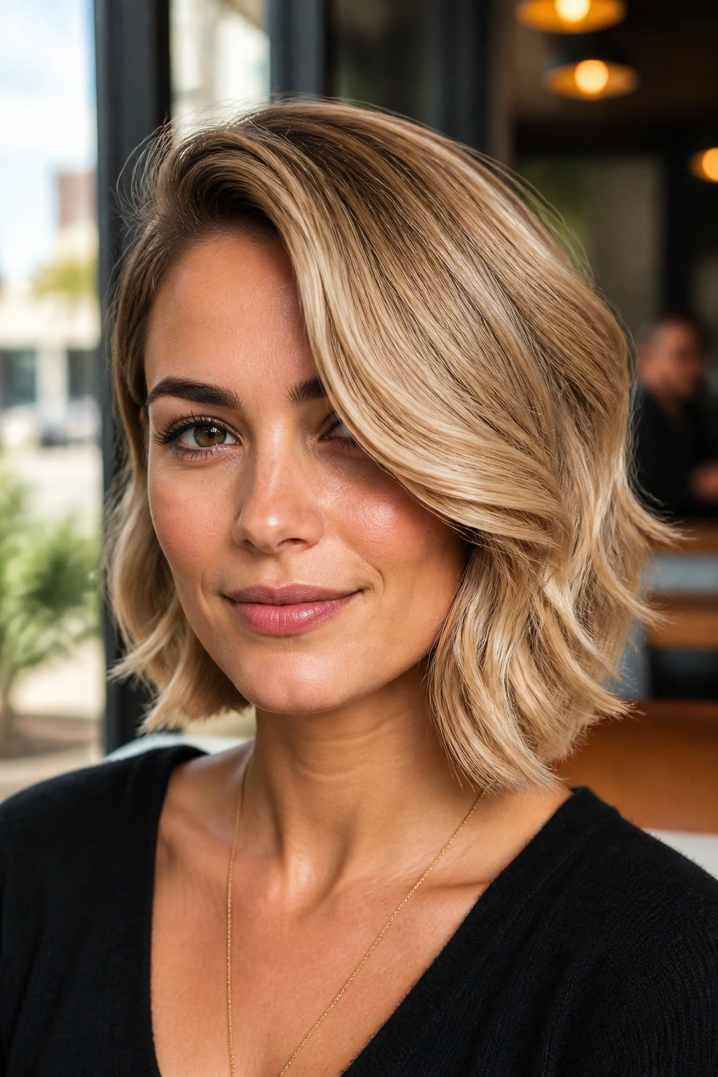 Portrait of short hair styled with a deep side-part and gentle bend for the Hollywood illusion.