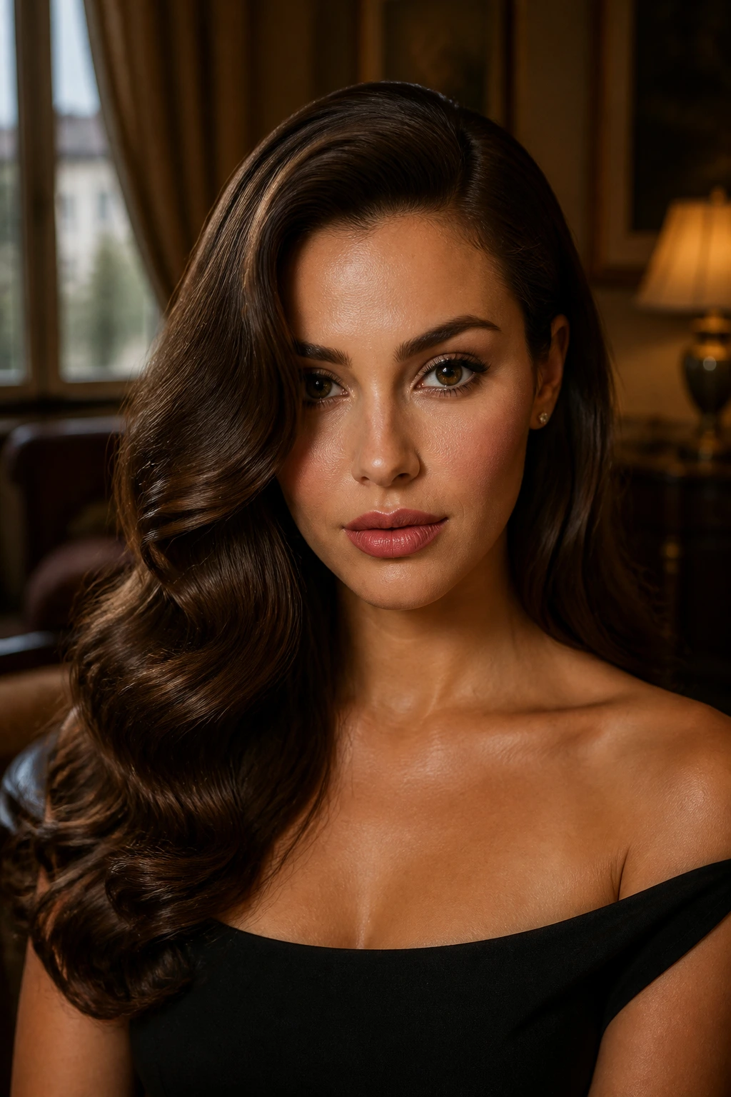 Close-up of brunette with deep side part and brushed-out old Hollywood wave