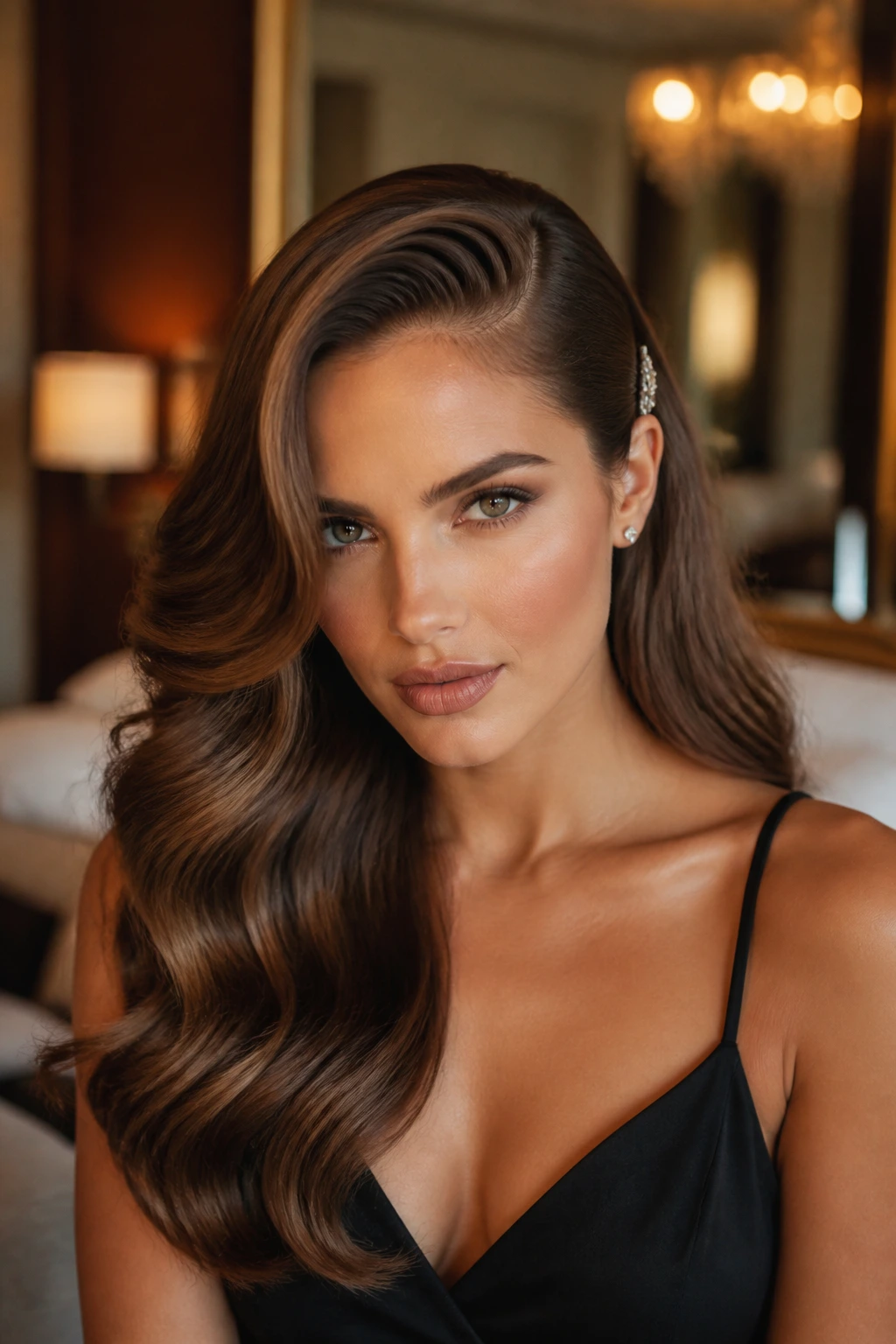 Portrait of a woman with deep side-part Hollywood waves