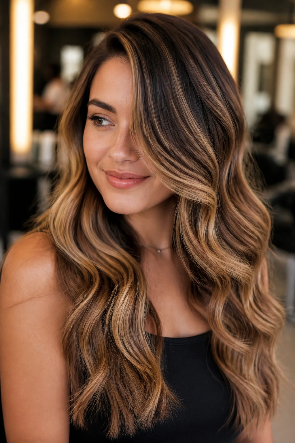 Deep side-part glam waves with honey babylights on a real person.