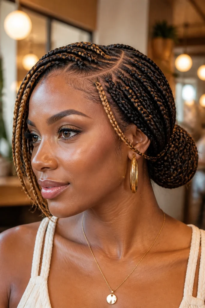 22 Low Bun Box Braids for Summer with Money Piece Highlights
