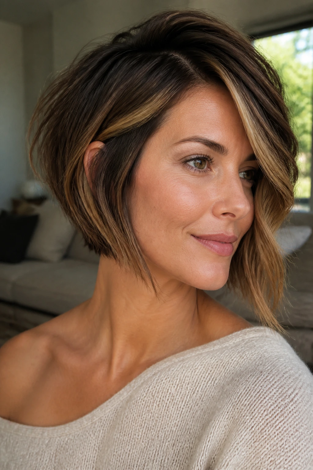 Real woman with deep side-part inverted bob and face-framing caramel highlights