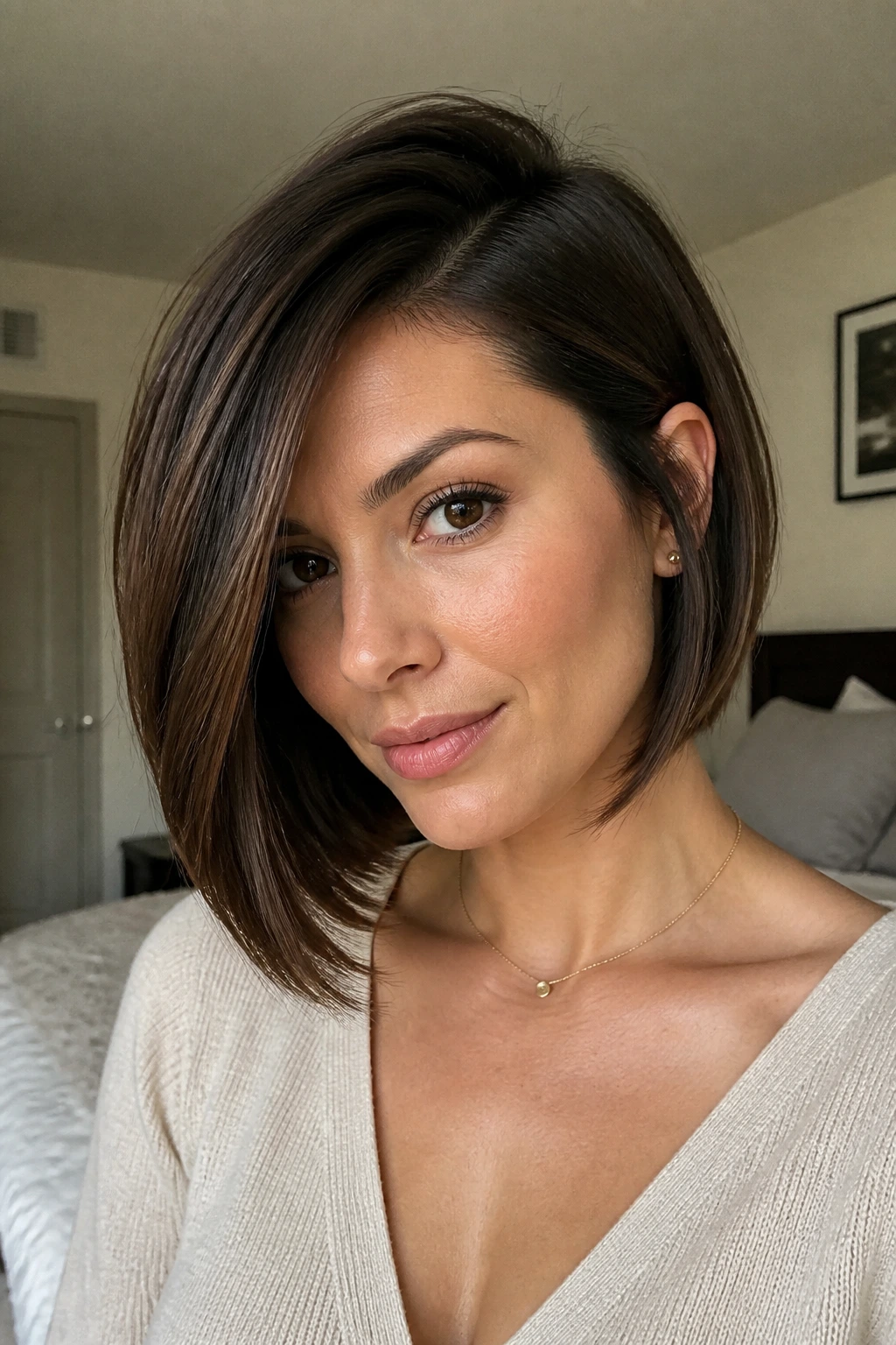 Close-up of a real woman showing a deep side-part inverted bob with cheek-brushing heavier side.