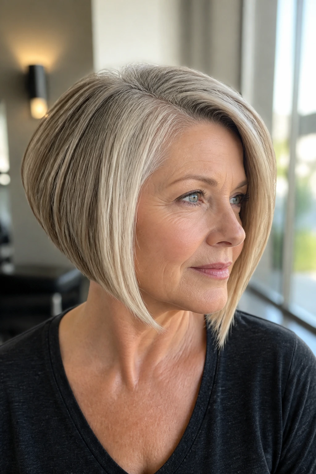 Close-up of a real woman with a deep side-part inverted bob in a salon setting