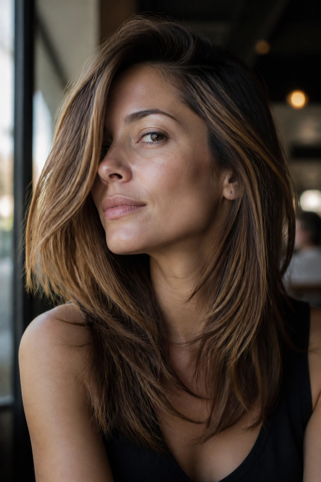 Close-up of deep side-part layers breaking the jawline on a real woman