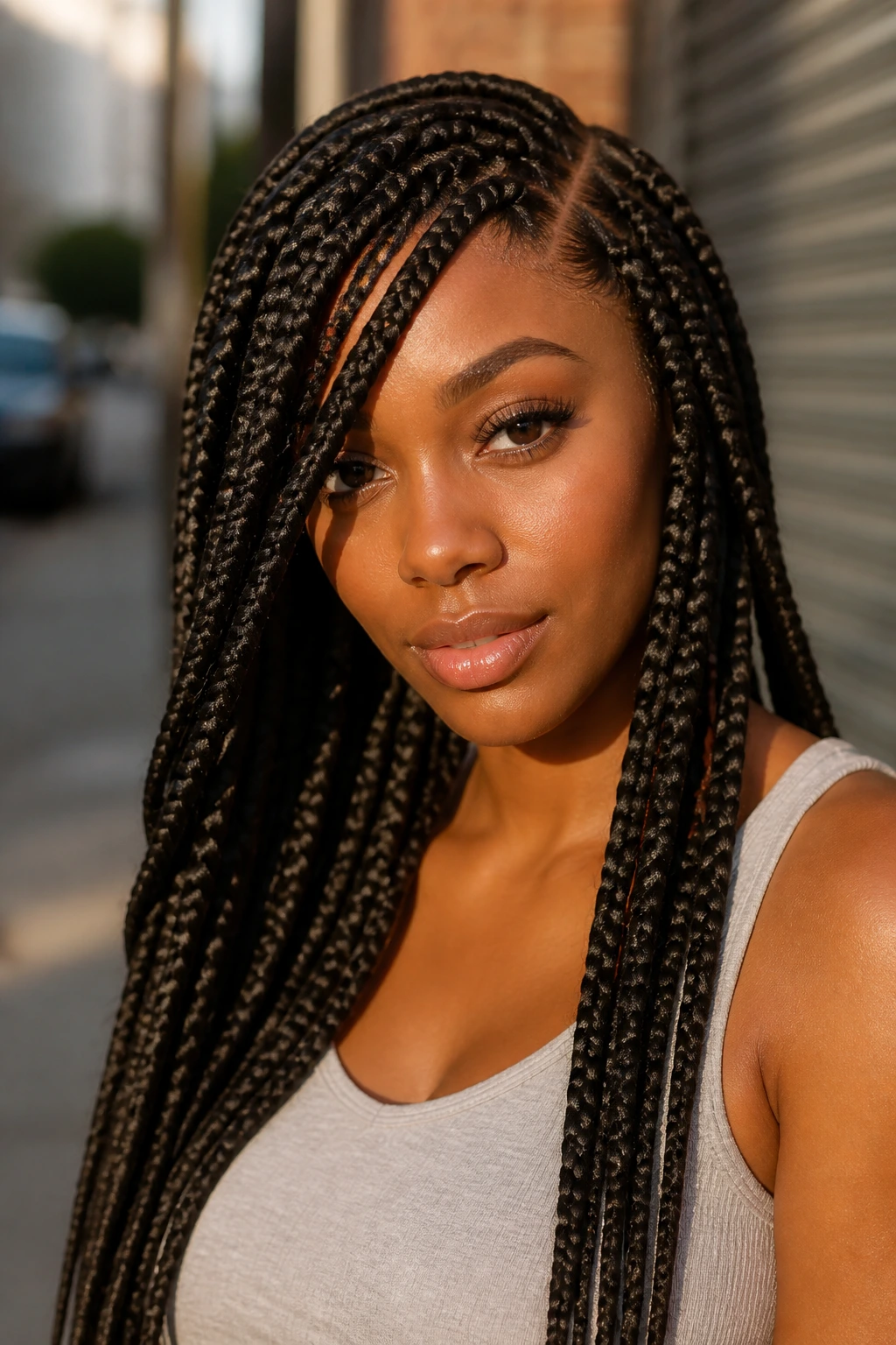Deep side-part jumbo braids with long sweep close-up portrait