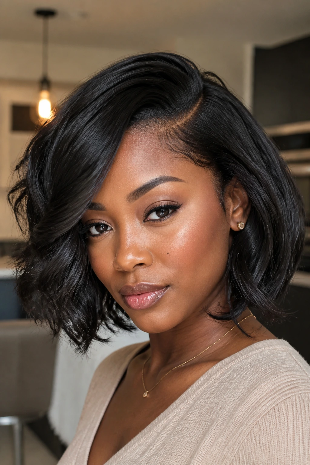 Close-up of a deep side-part layered bob on a real Black woman