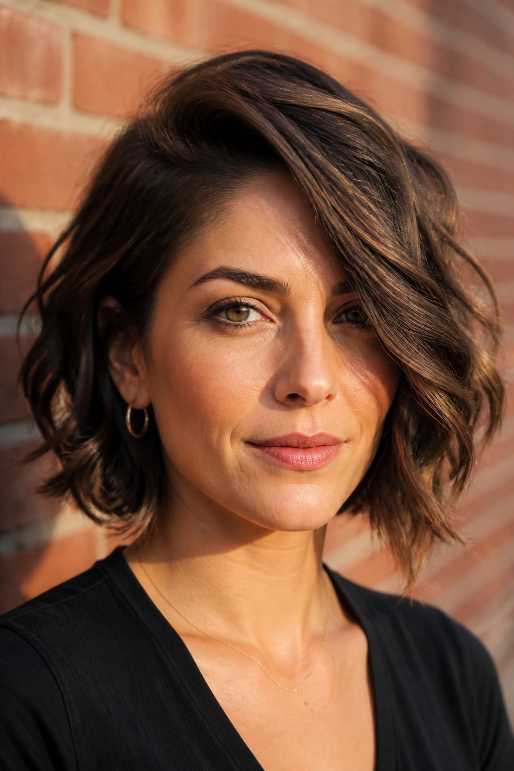 Close-up of a real woman with a deep side-part layered bob outdoors during golden hour.